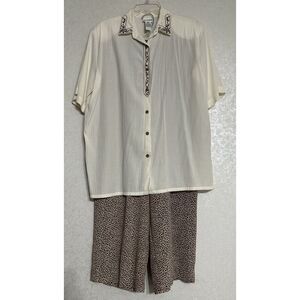 Koret VTG 2 Pc Embroidered Beaded‎ Button Up Shirt Cheetah Print Elastic Pant 16